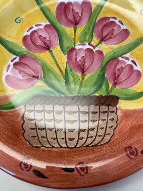Hand-Painted Floral Ceramic Plate with Pink Tulips